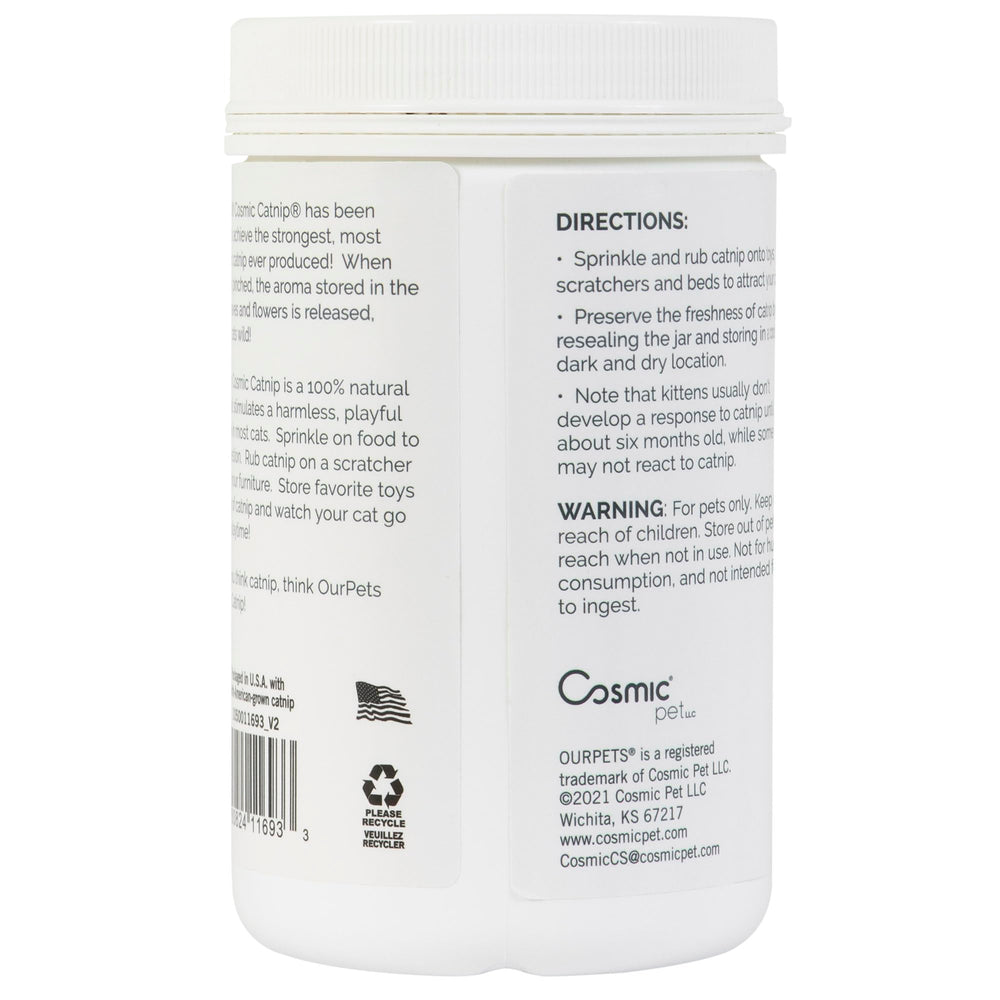 Our Pets premium catnip jar closeup texture reveals fragrant leaves that spark curiosity.