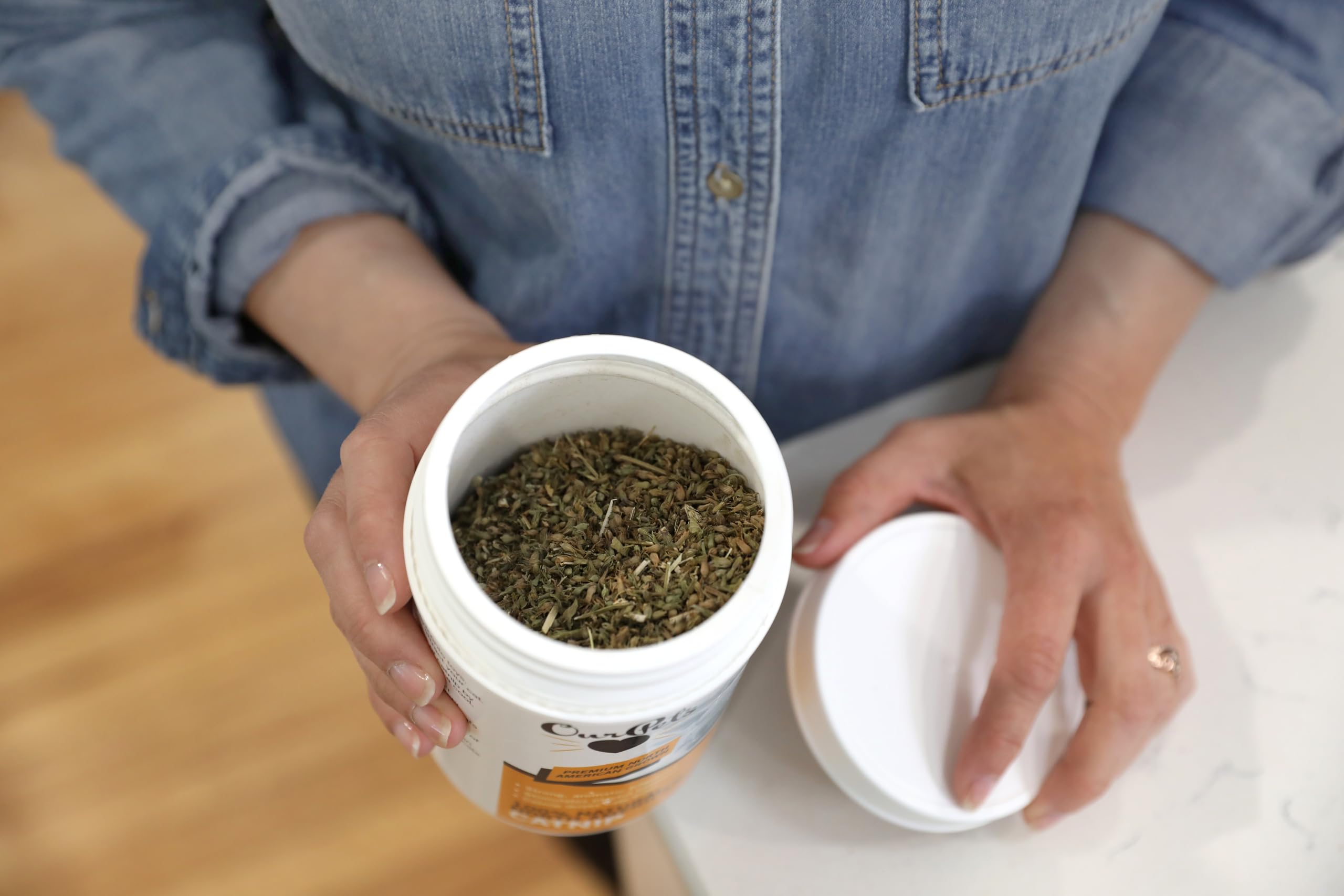 Our Pets premium catnip packaging label communicates North American grown quality.