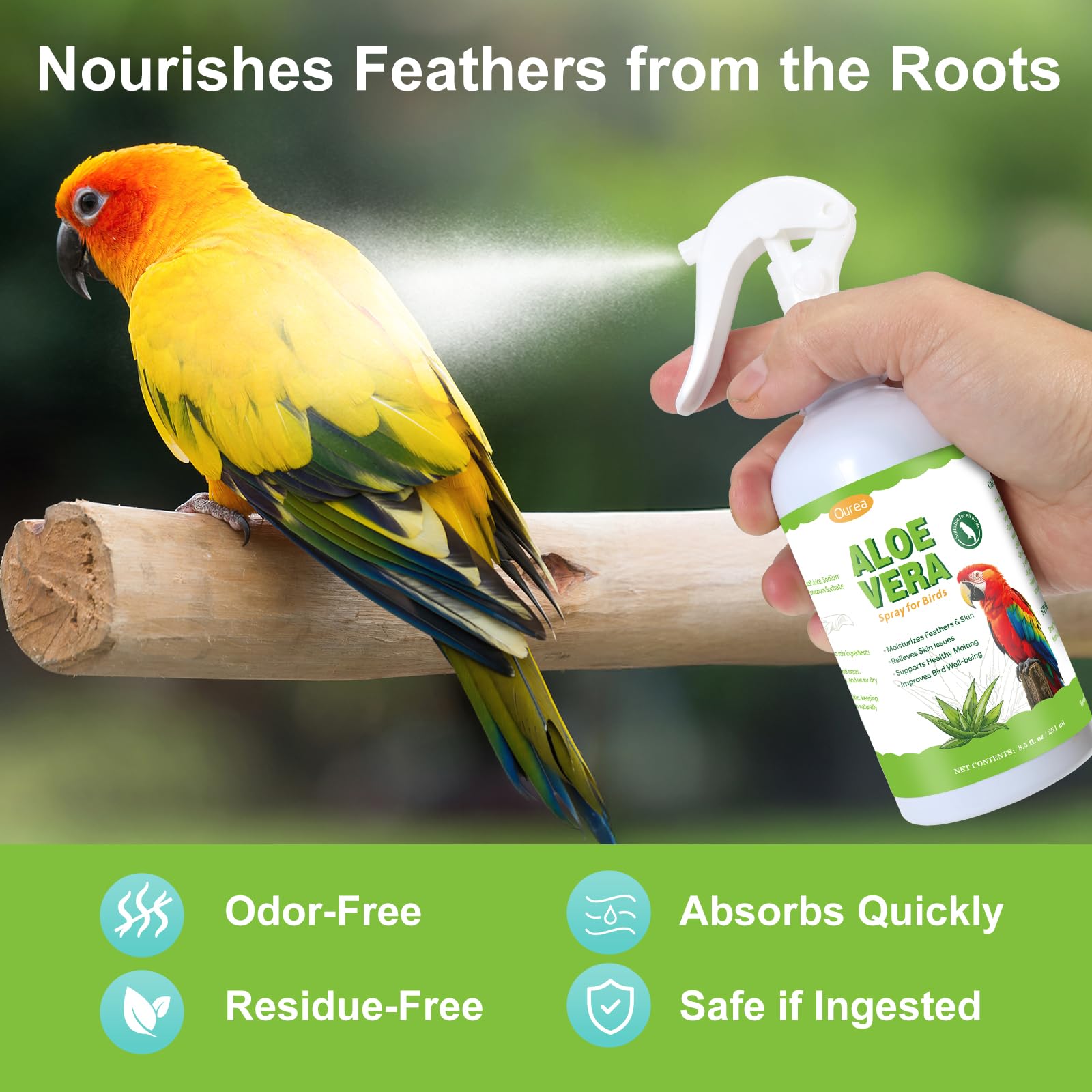 Ourea Aloe Vera Bird Spray chemical-free formula safe for all birds.