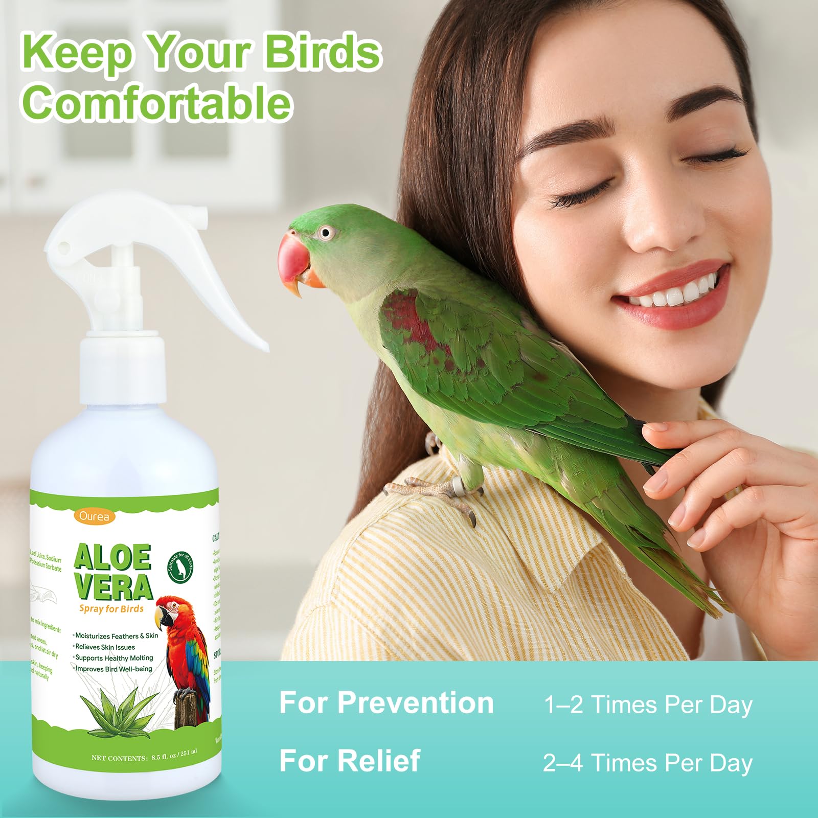 Ourea Aloe Vera Bird Spray daily care, no rinsing required.