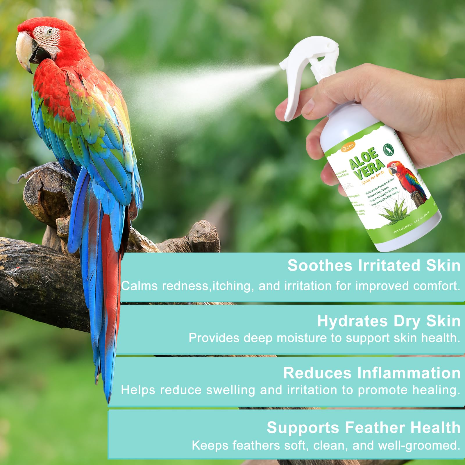 Ourea Aloe Vera Bird Spray moisturizes feathers and skin for daily comfort.