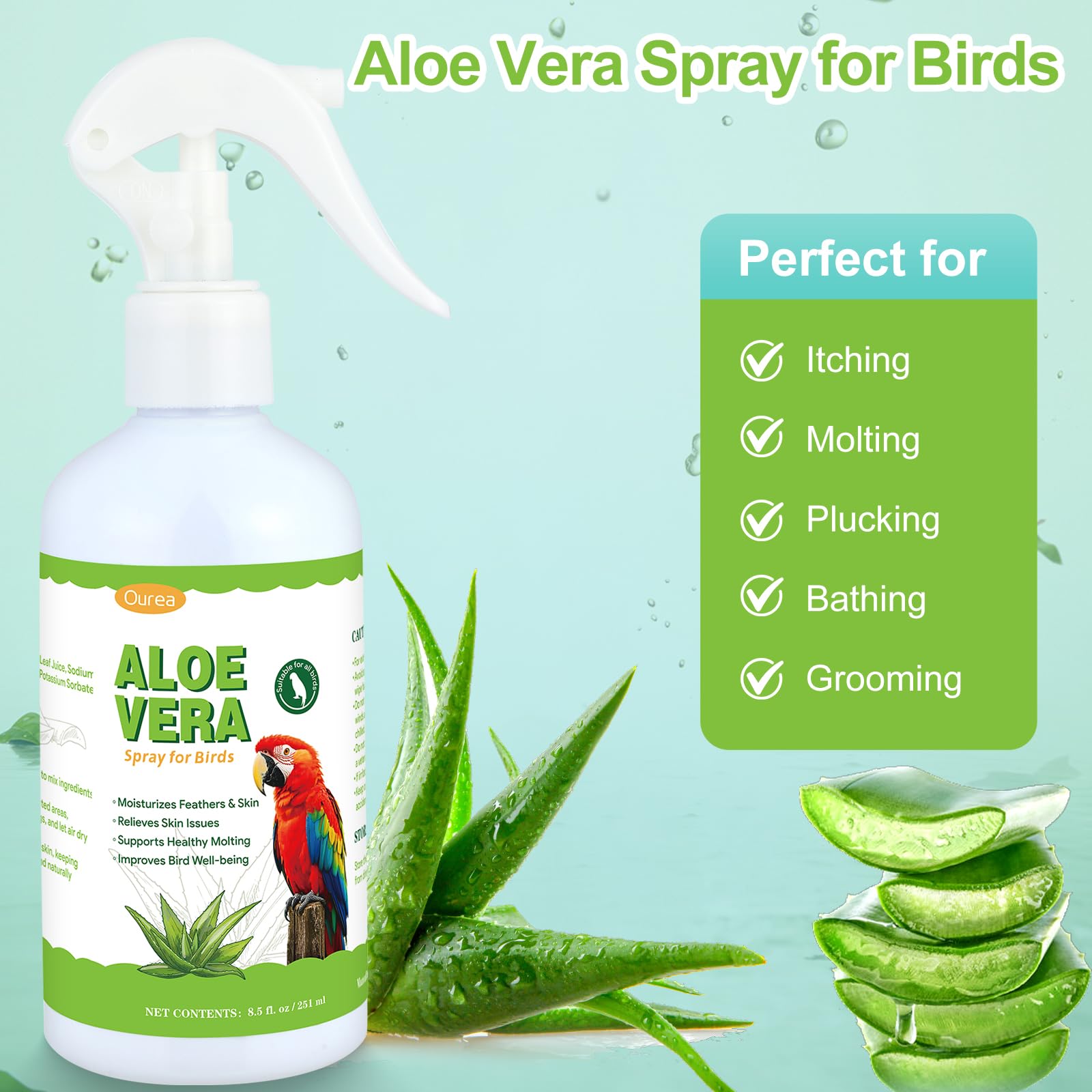 Ourea Aloe Vera Bird Spray molting support helps new feathers emerge softly.