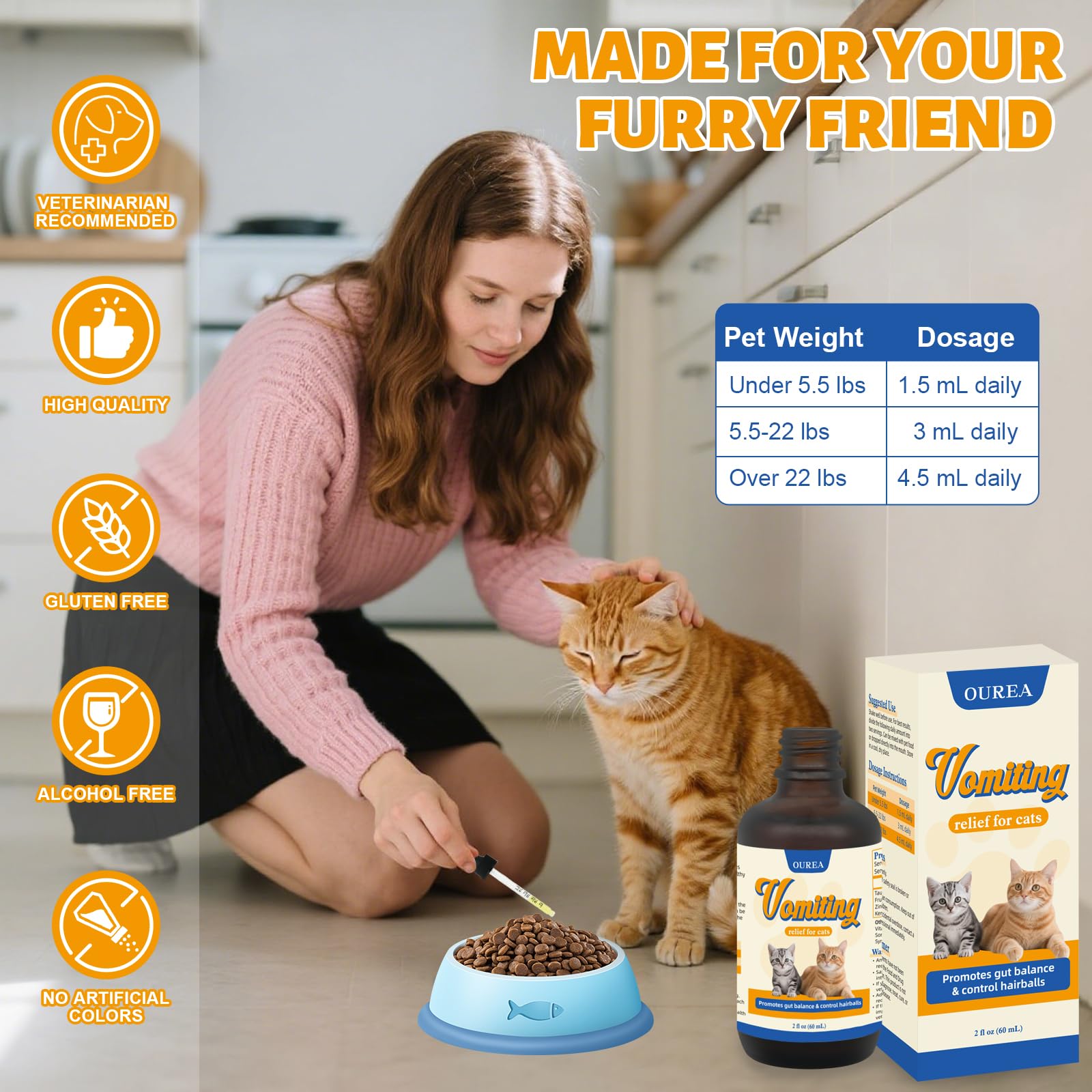Ourea Cat Vomit Remedy usage shot shows easy mix-in with meals.