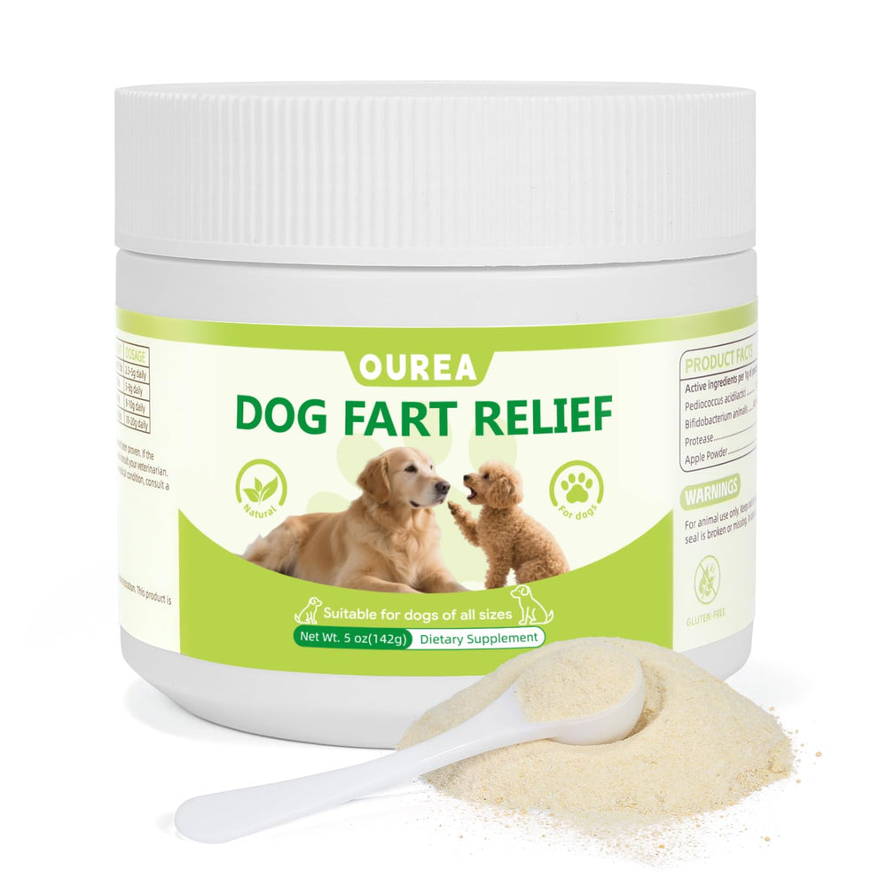 Ourea Dog Fart Remedy bottle with label, ready for dosing and digestive support.