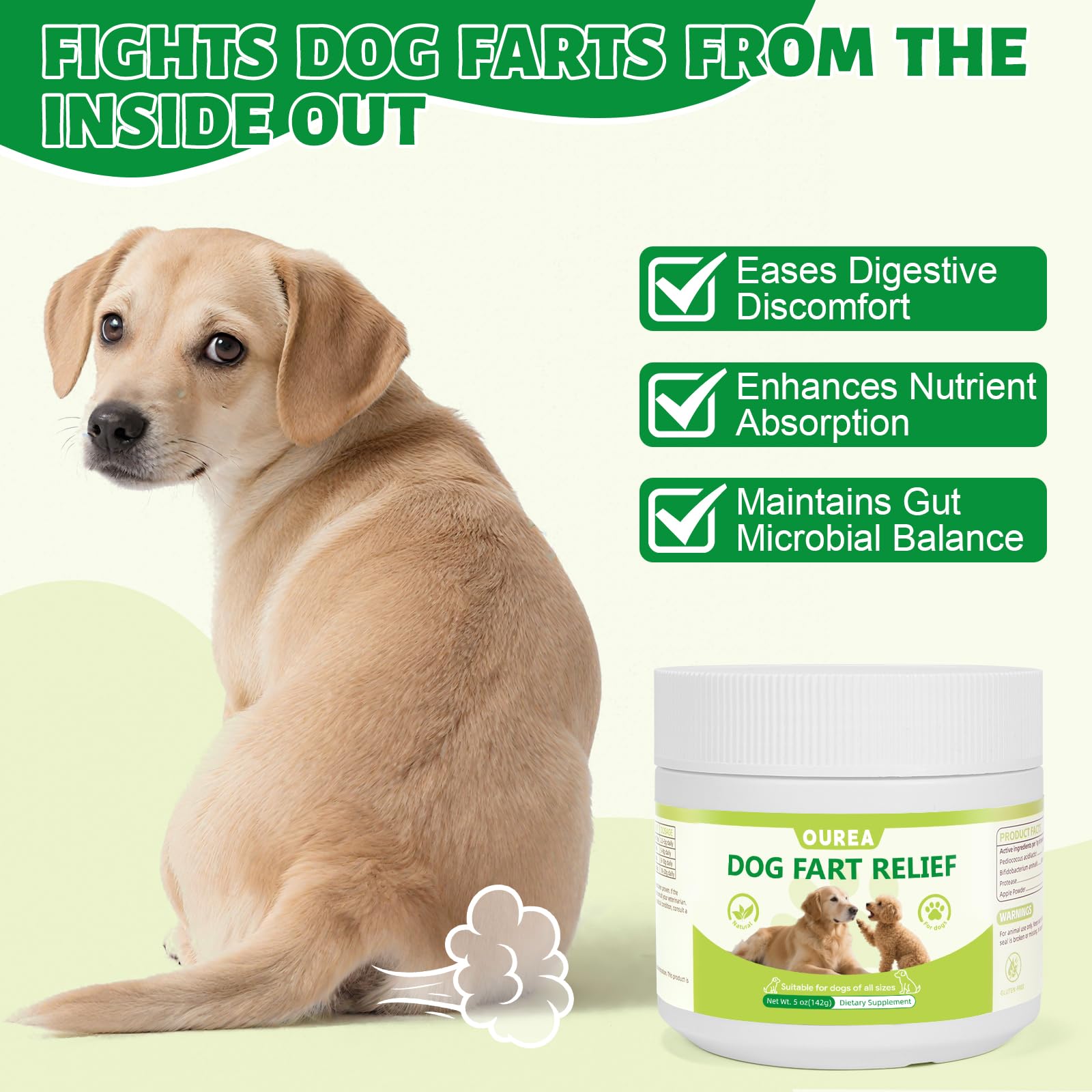 Ourea dog fart remedy powder shows 4B CFU Pediococcus and 40M CFU Bifidobacterium.