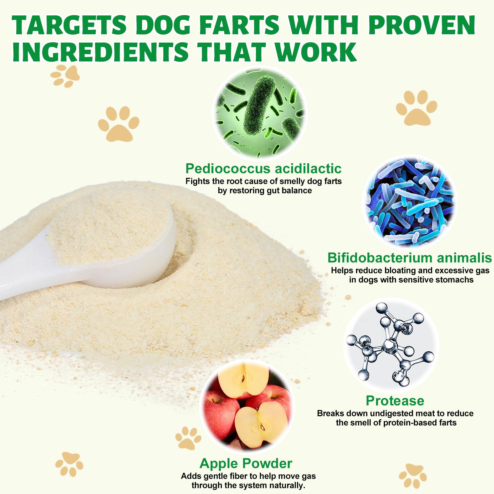 Ourea probiotic blend for dog gut health supports balanced flora and gas reduction.