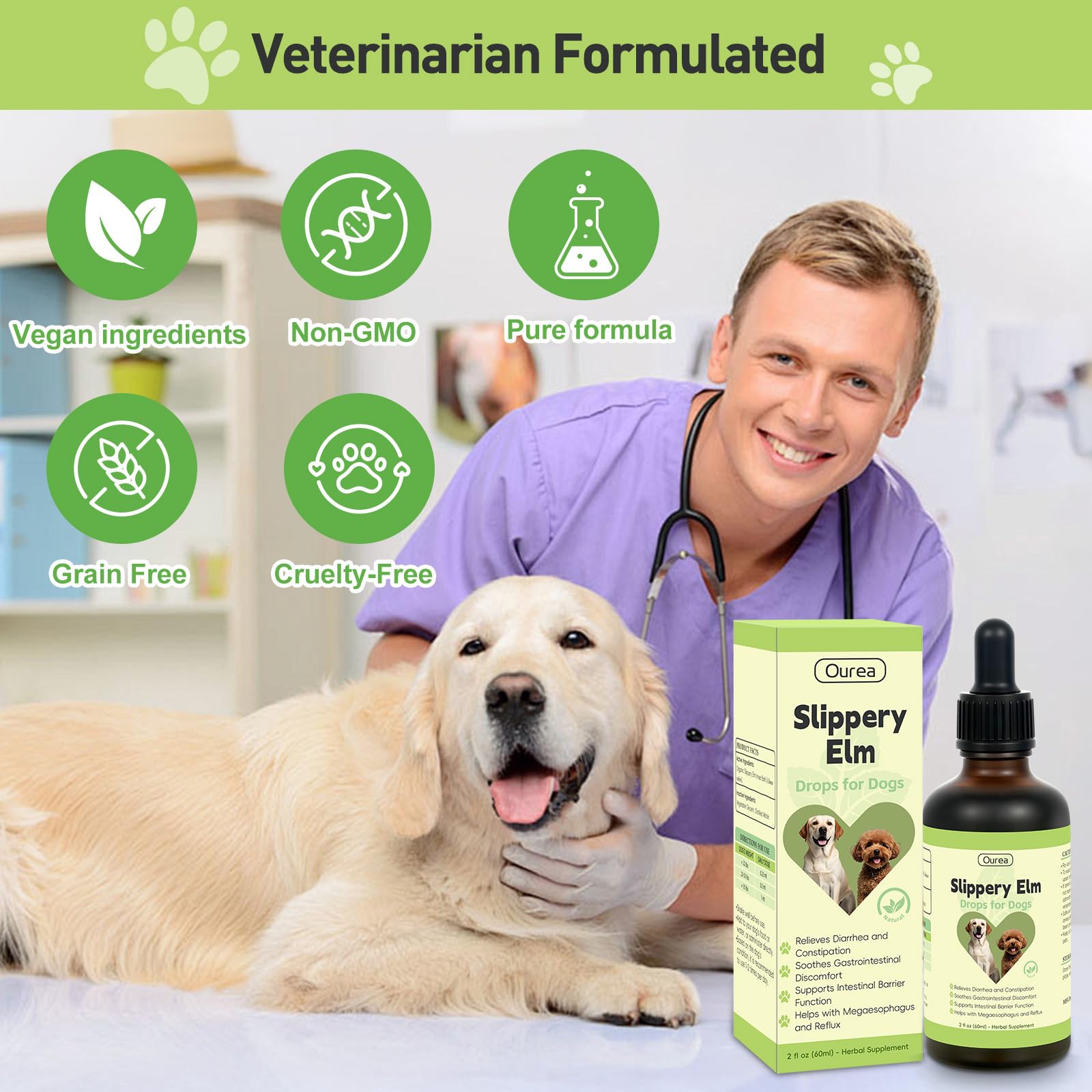 Ourea Slippery Elm Drops packaging-box—clean, three-ingredient herbal formula