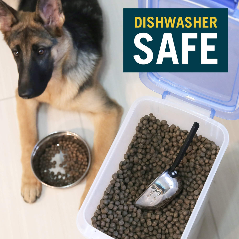 OurPets Durapet 1-cup scoop fits compact containers for neat storage.