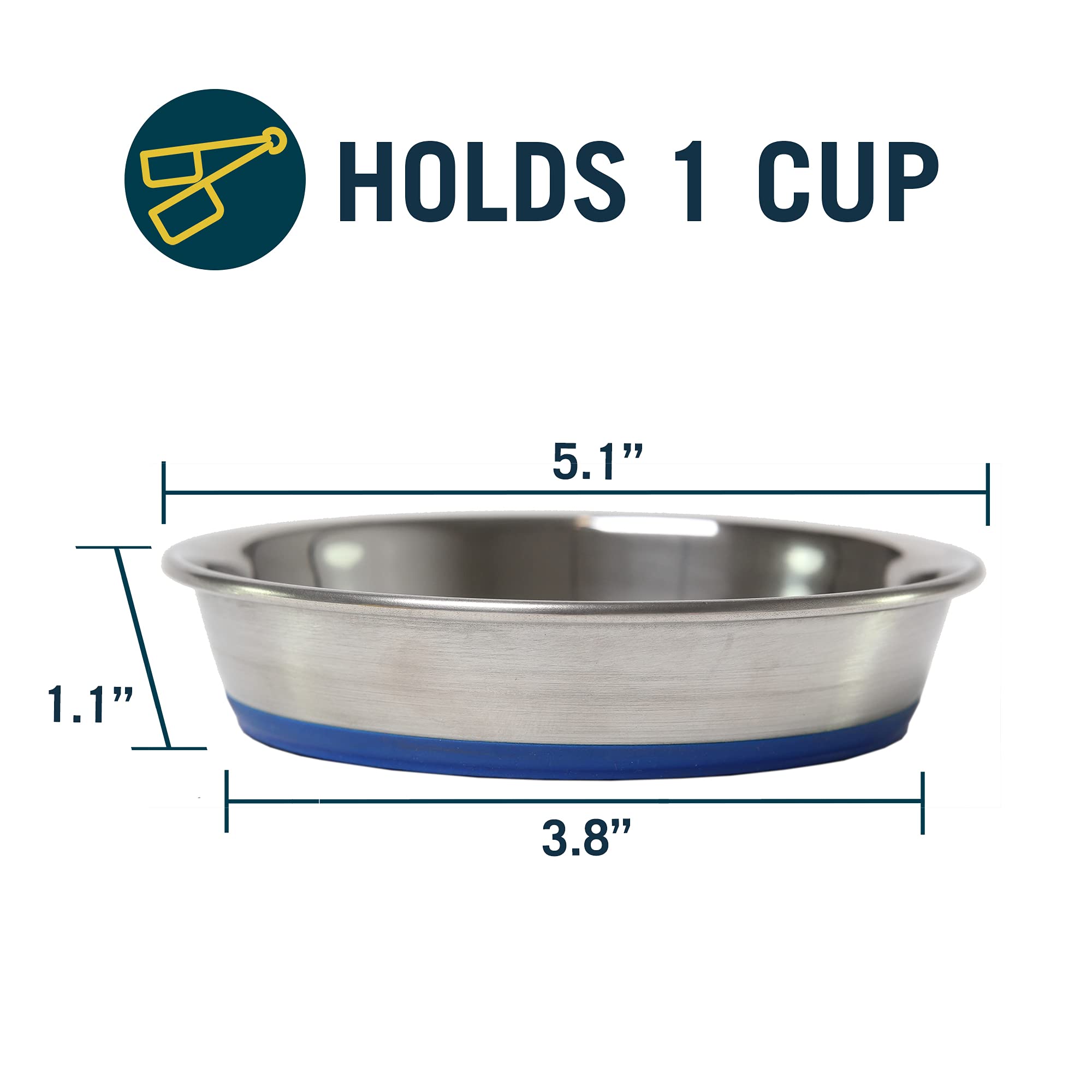Our Pets DuraPet stainless bowl bottom bonded ring prevents sliding during feeding.