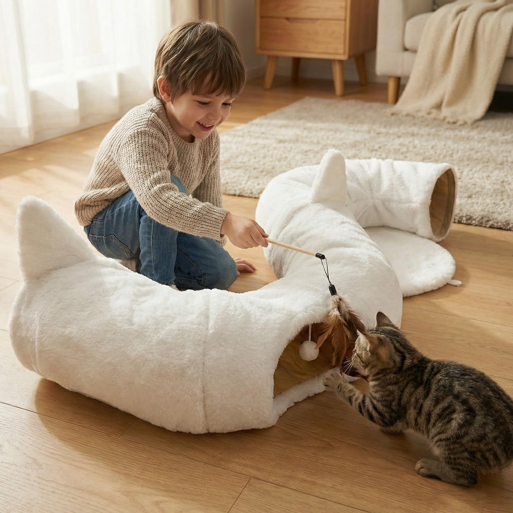 OurWarm cat tunnel bed with hanging ball toy encourages hunting and interactive play.