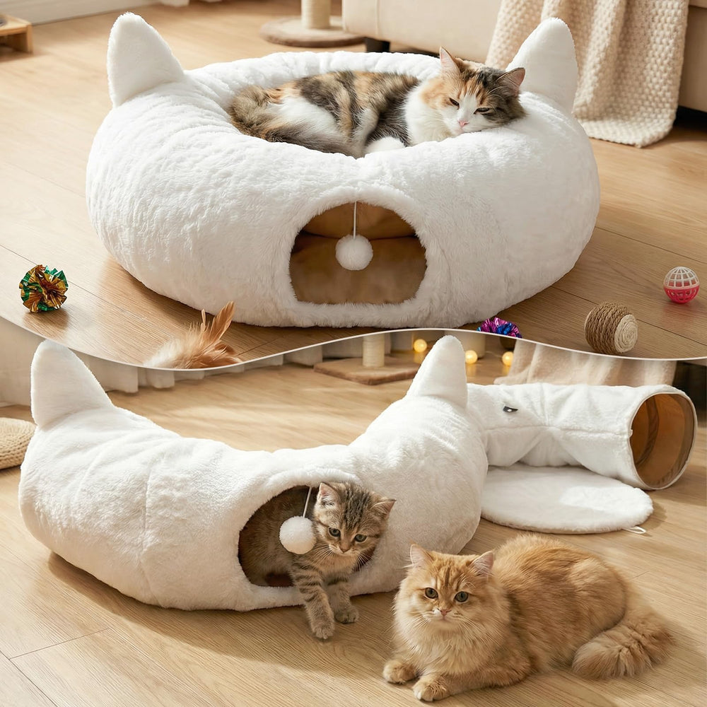OurWarm cat tunnel bed features removable center cushion that is machine washable.