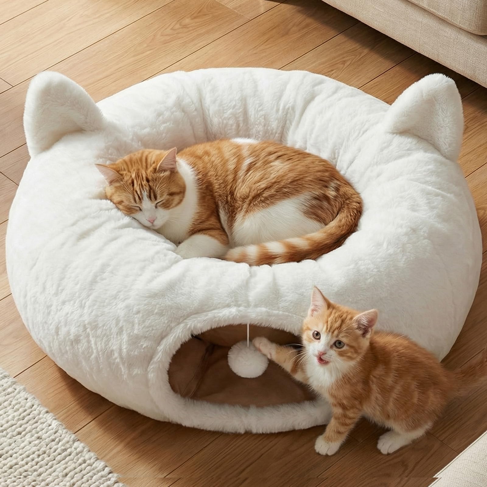 OurWarm cat tunnel bed with soft plush material creates a cozy hideaway and nap.