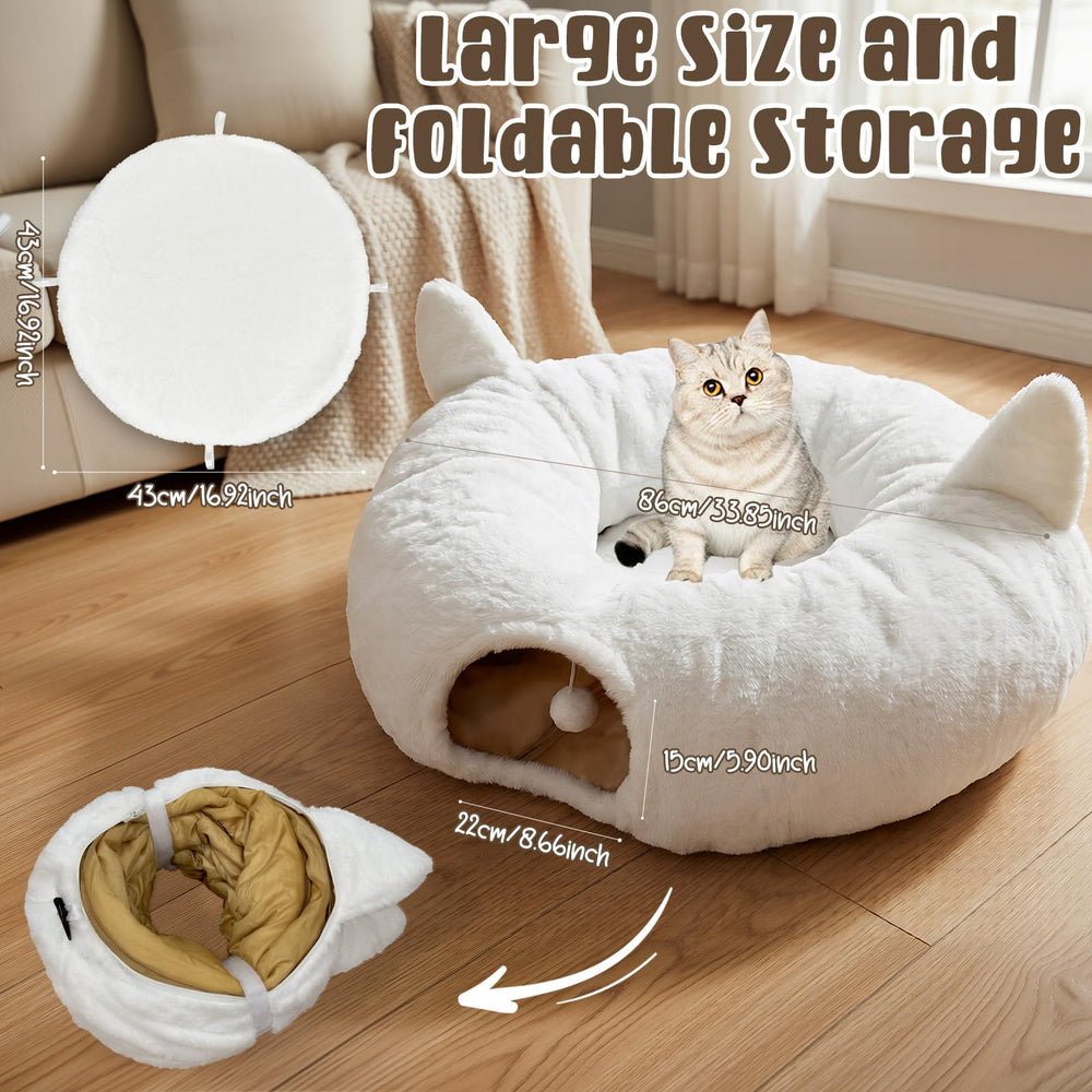 OurWarm cat tunnel bed shows a spacious diameter for roomy play and stretching.