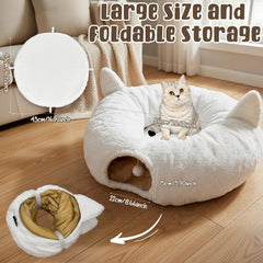 OurWarm cat tunnel bed shows a spacious diameter for roomy play and stretching.