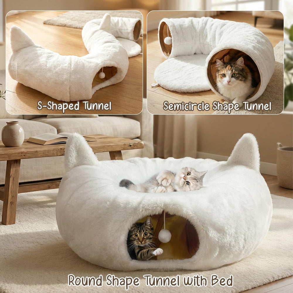 OurWarm cat tunnel bed under Christmas tree display adds festive décor and a fun hideaway.
