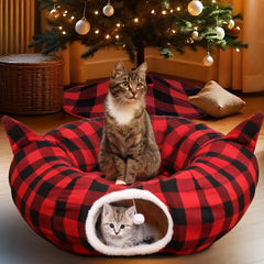 OurWarm cat tunnel with Christmas tree skirt shows cozy decorative centerpiece for felines' holiday fun.