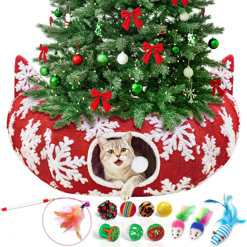 OurWarm cat tunnel under Christmas tree with snowflake pattern for festive play