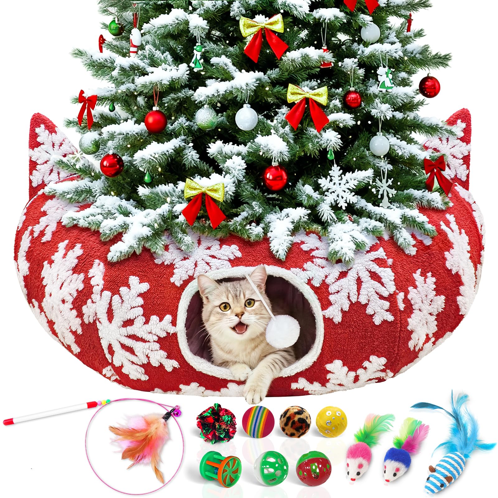 OurWarm cat tunnel-tree-skirt red snowflake tunnel view offers festive play space