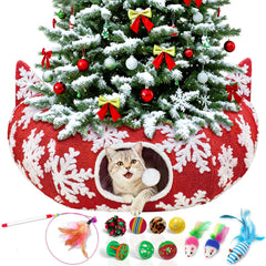 OurWarm cat tunnel-tree-skirt red snowflake tunnel view offers festive play space