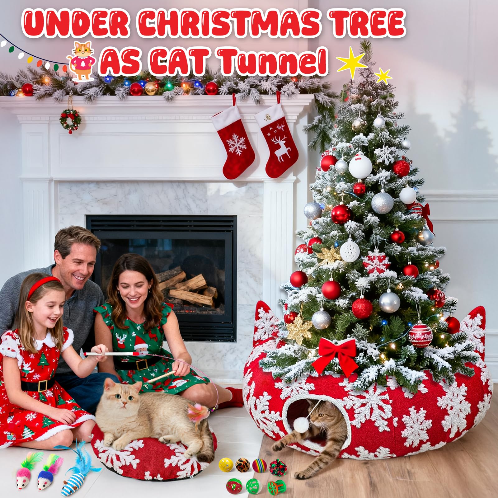 OurWarm cat tunnel-tree-skirt soft plush fabric for cozy winter lounging