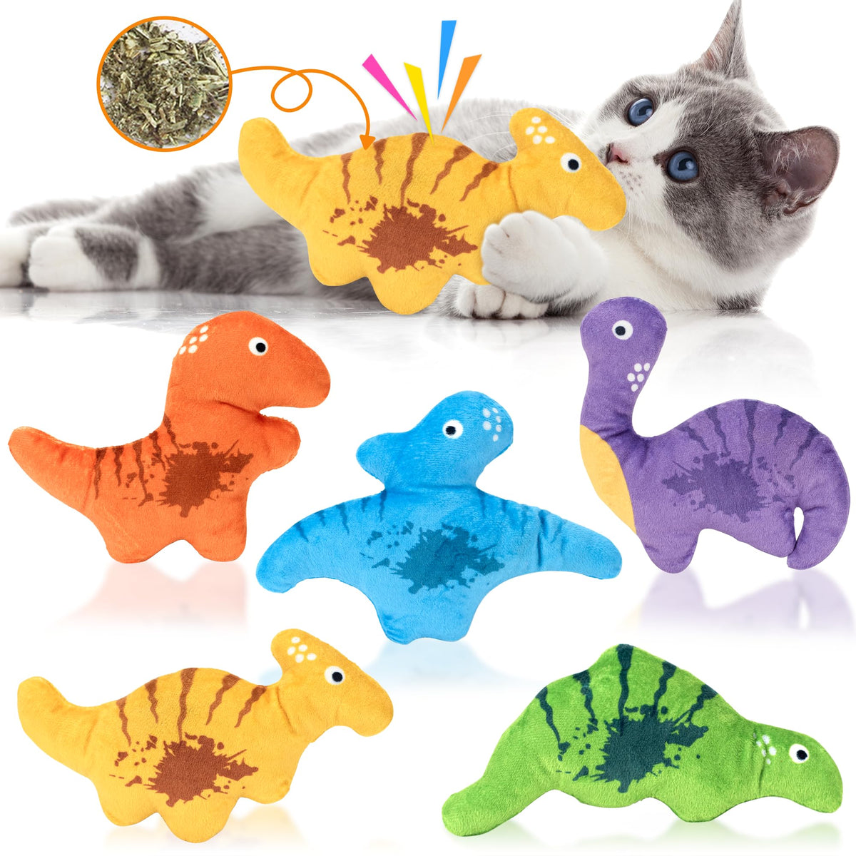 Ousiya catnip dinosaur toy colorful close-up stimulates playful exploration.