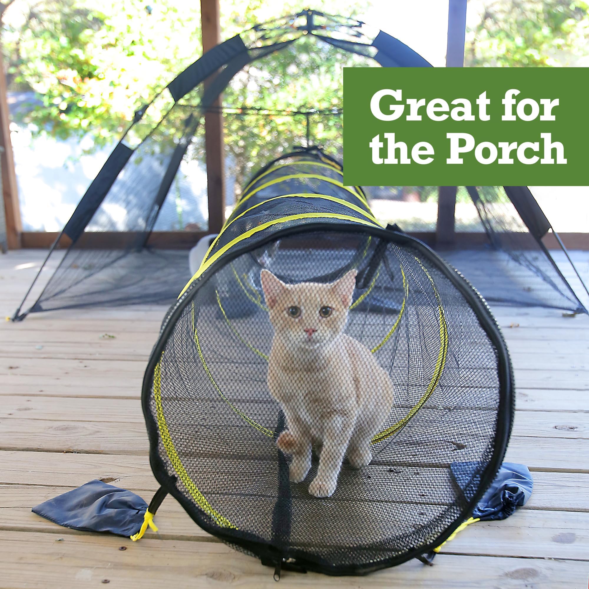 Outback Jack breathable mesh fabric keeps insects out while cats enjoy airflow.