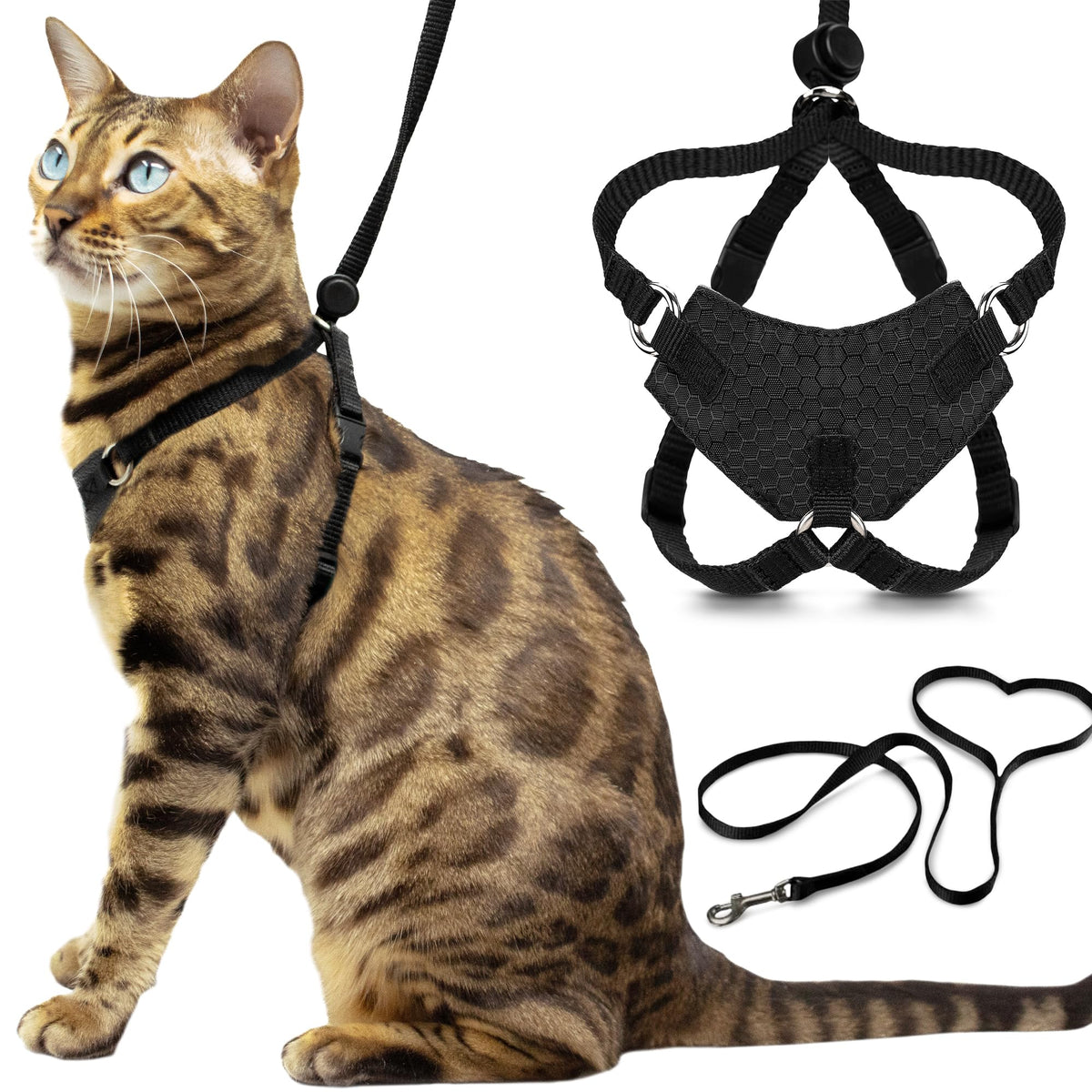 OutdoorBengal Houdini harness left-side view showing secure wrap for confident walks.