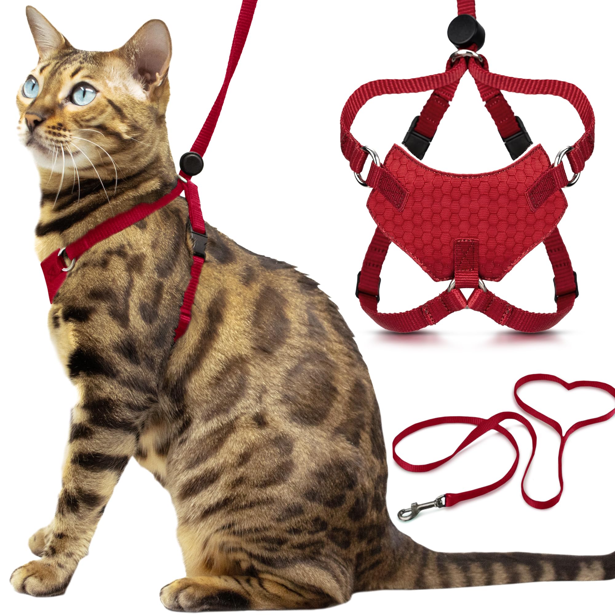 OutdoorBengal Houdini harness red front view showing escape-proof design for safe walks