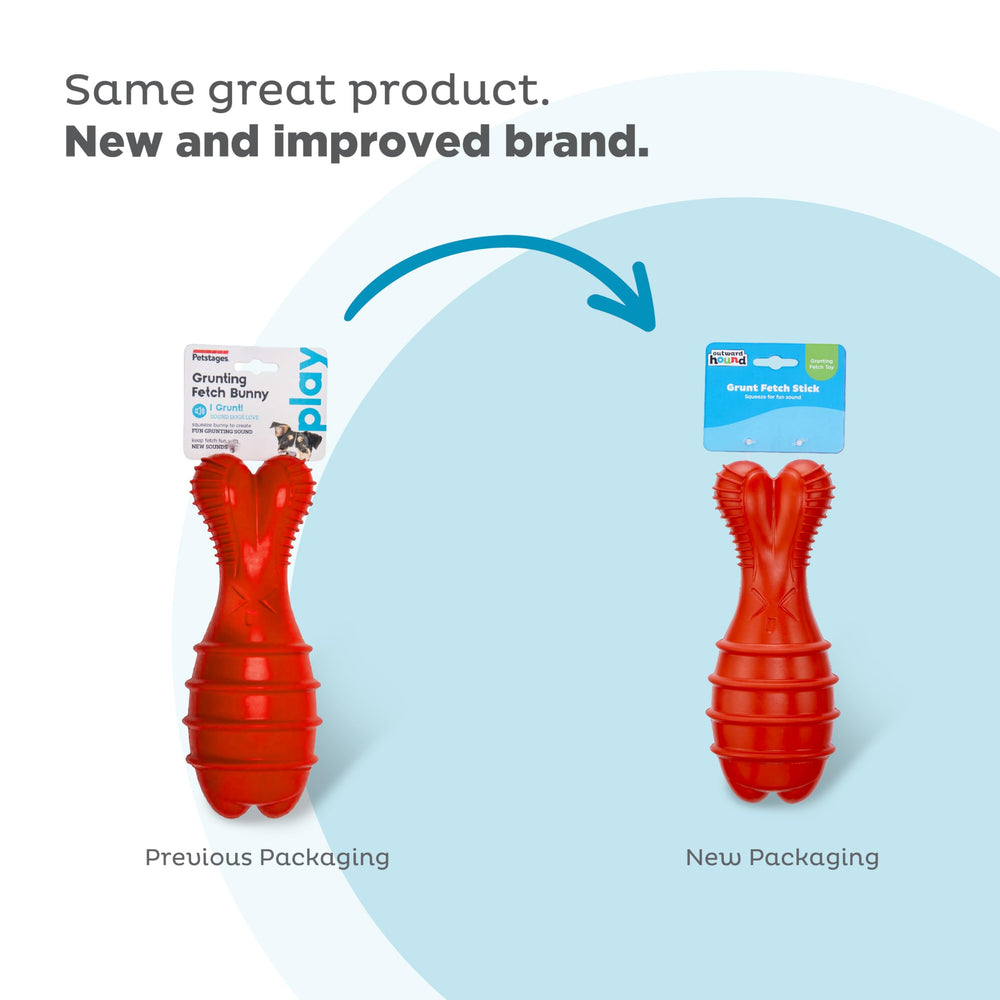 Outward Hound Grunt Fetch Stick Bunny red mid-action grunt sound boosts engagement.