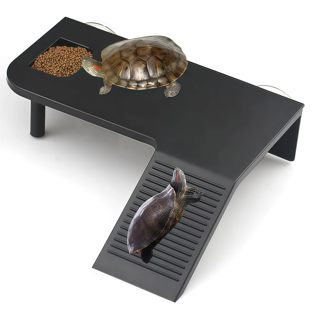 Ovimyne turtle basking platform with dual suction cups stabilizes deep tanks for reliable basking