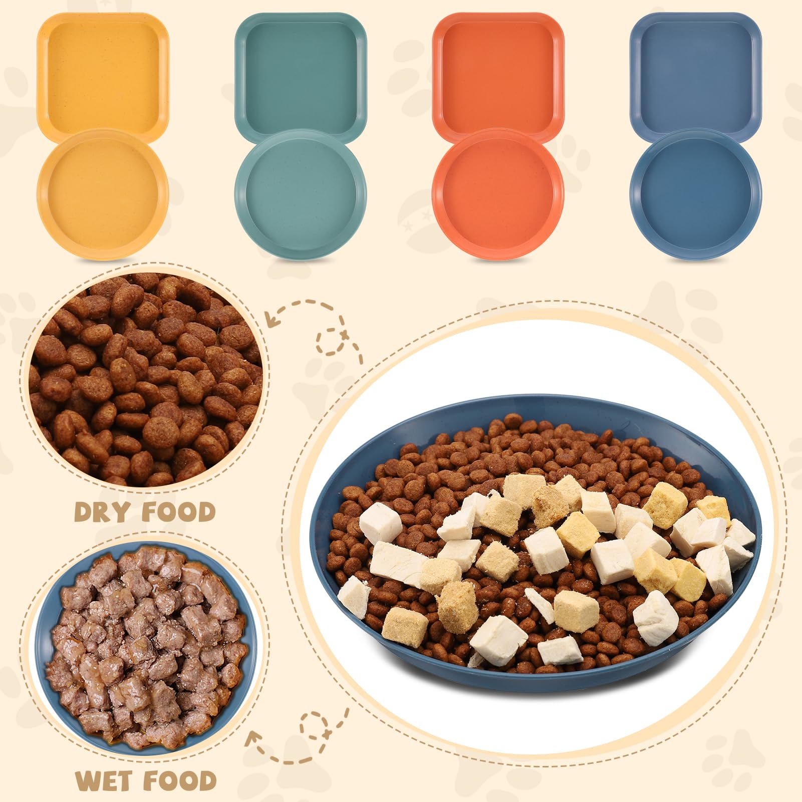 Ovveroche 8pc cat food bowls in yellow round-square design encourage relaxed mealtimes and easy cleaning.