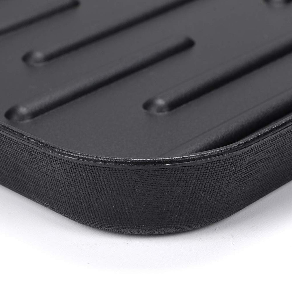 OwnMy boot tray mat under cat litter box contains mess for easier cleaning.
