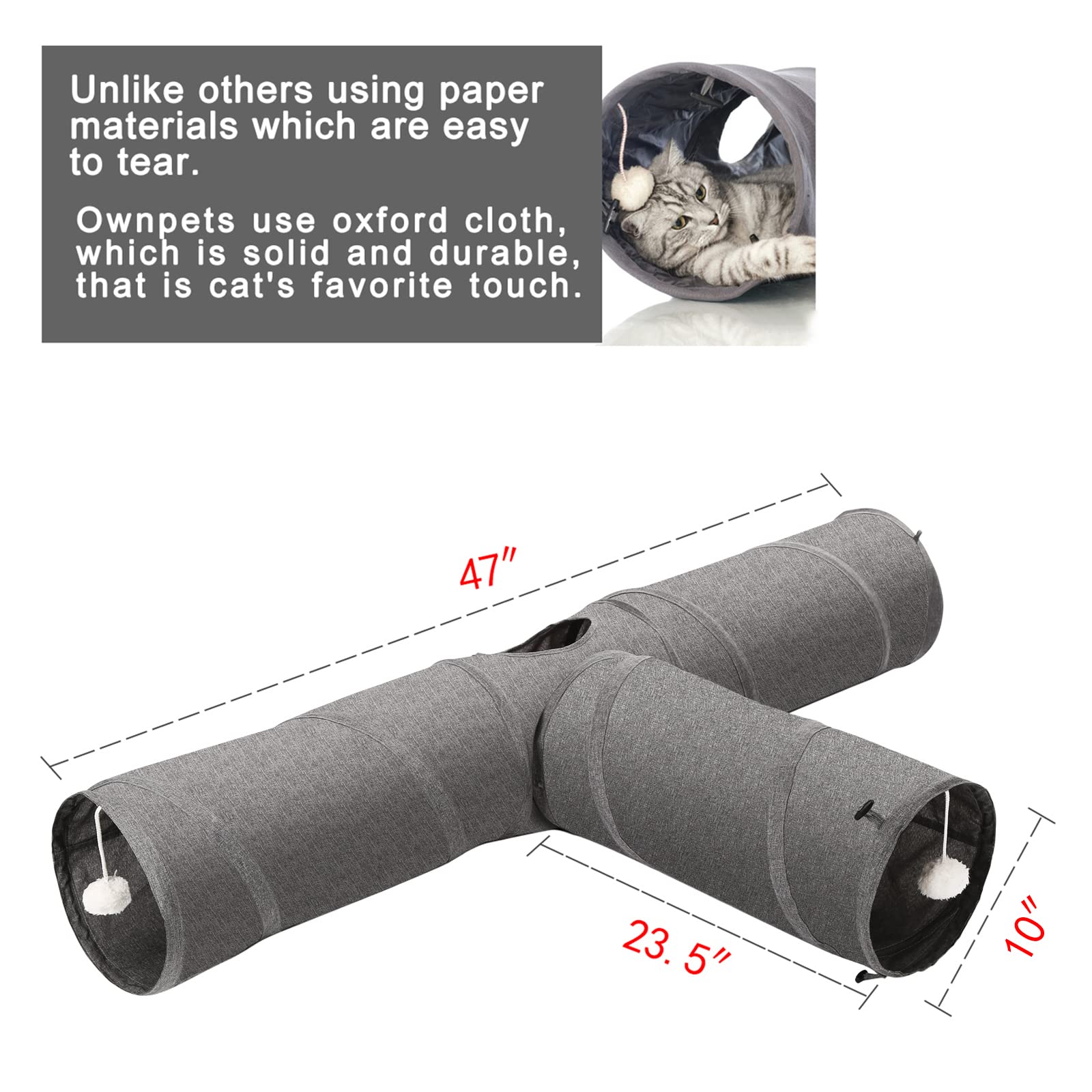 Ownpets cat tunnel 3-way extended demonstrates spacious play pathway for exploration.