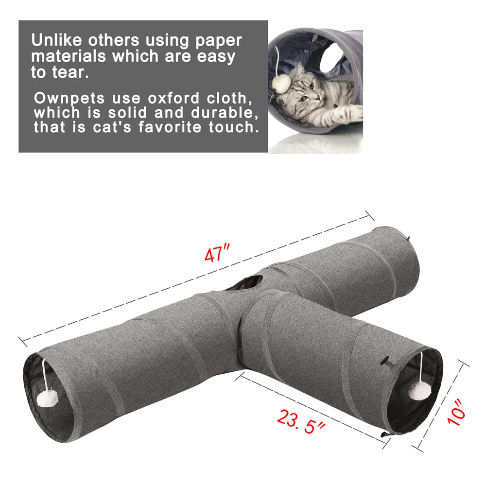 Ownpets cat tunnel 3-way extended demonstrates spacious play pathway for exploration.