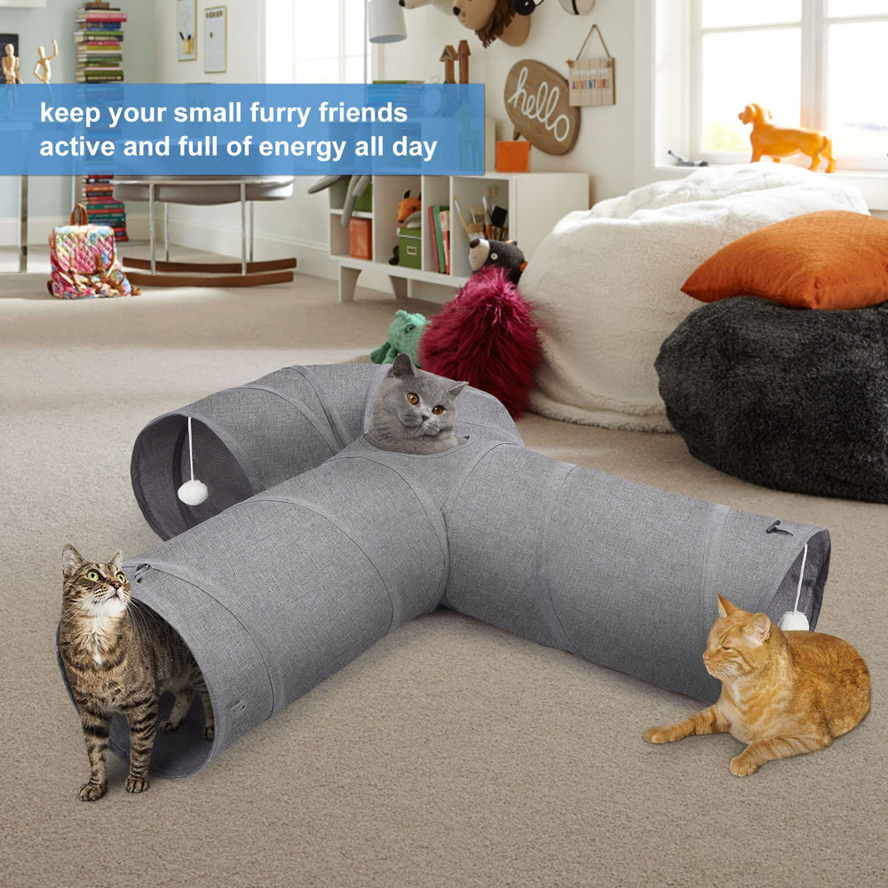 Ownpets cat tunnel feather toy stimulates hunting instincts in a safe indoor setup.