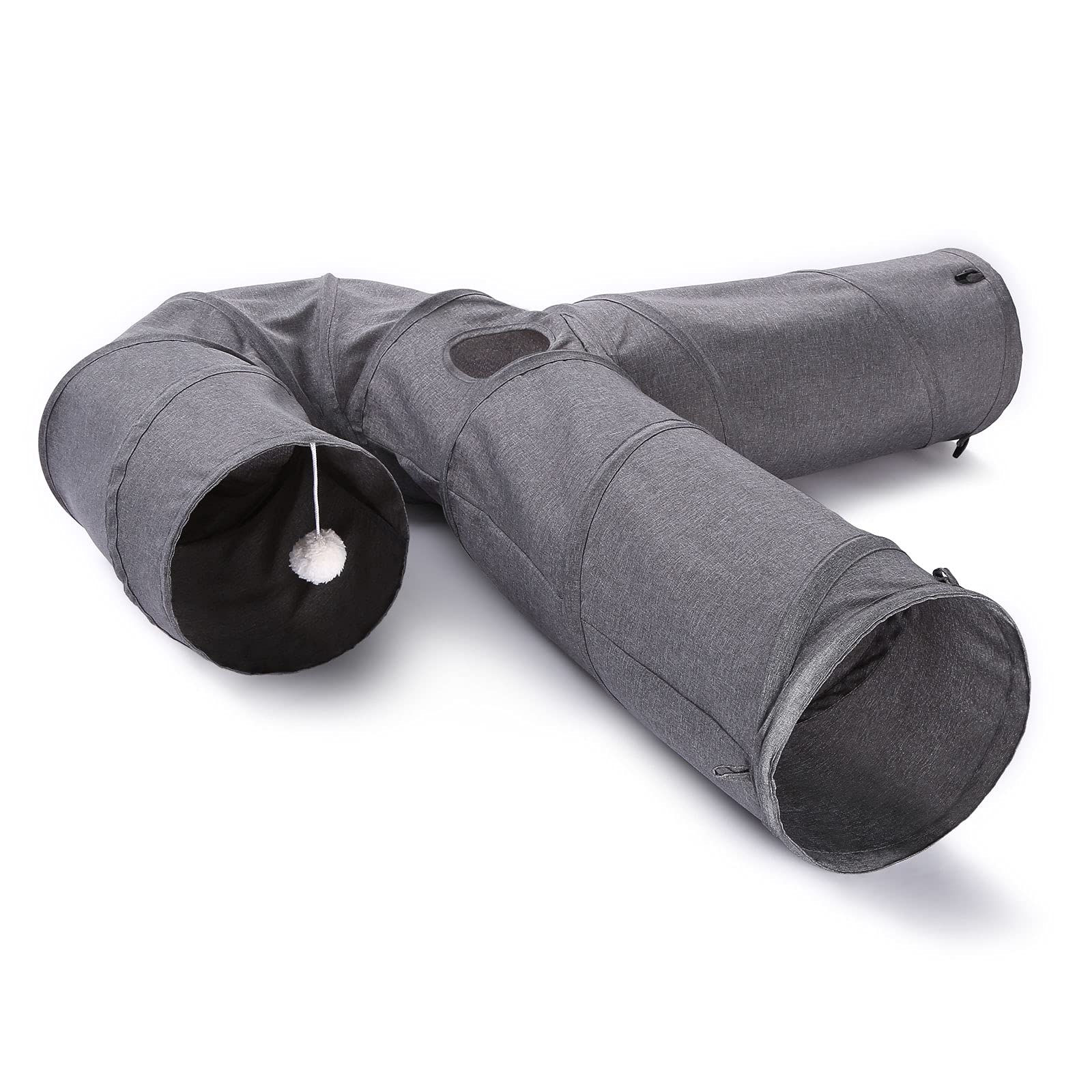 Ownpets cat tunnel gray fabric closeup emphasizes sturdy oxford material.