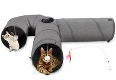 Ownpets cat tunnel gray side view highlights durable oxford fabric for indoor play.