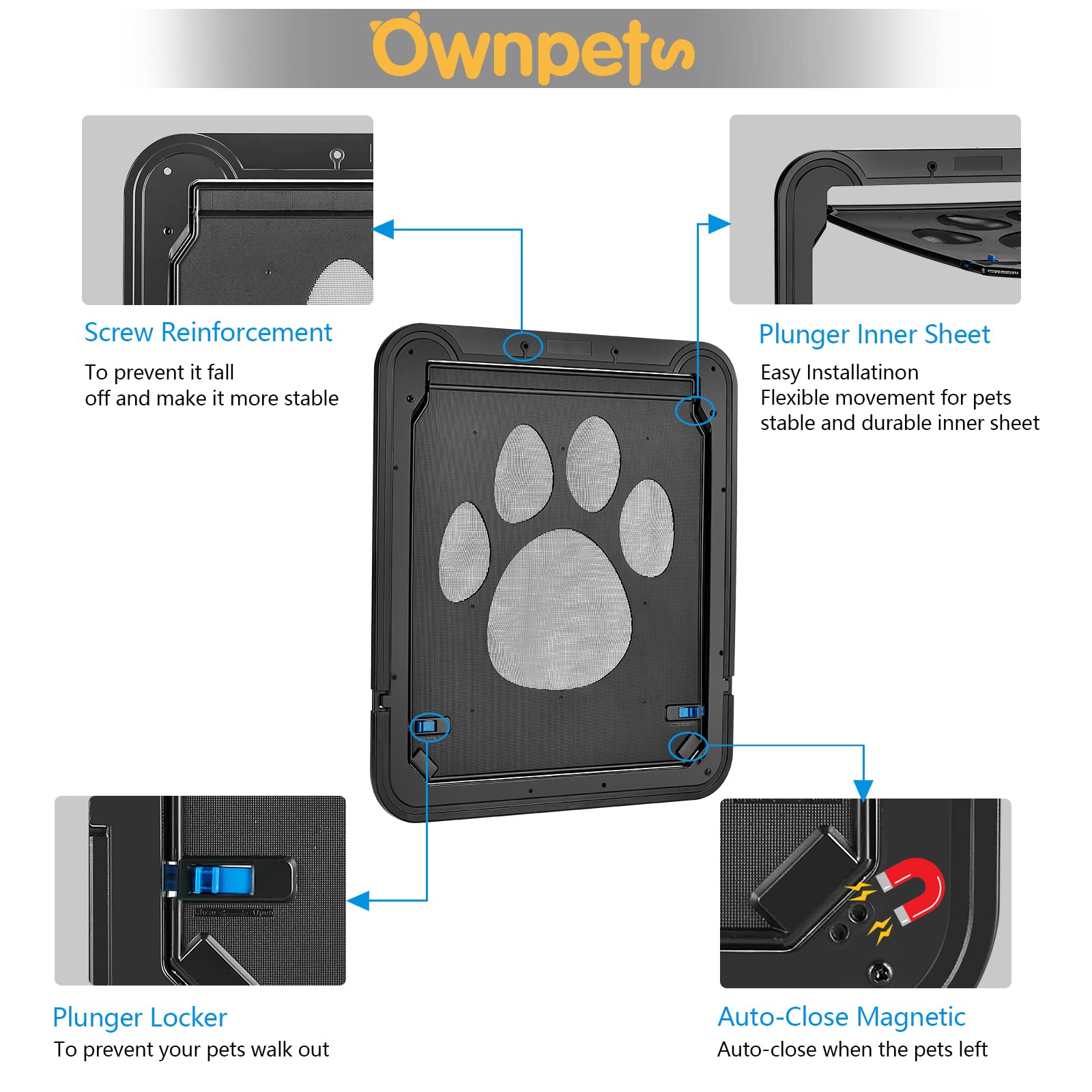 Ownpets dog screen door lock function enabling nighttime containment.