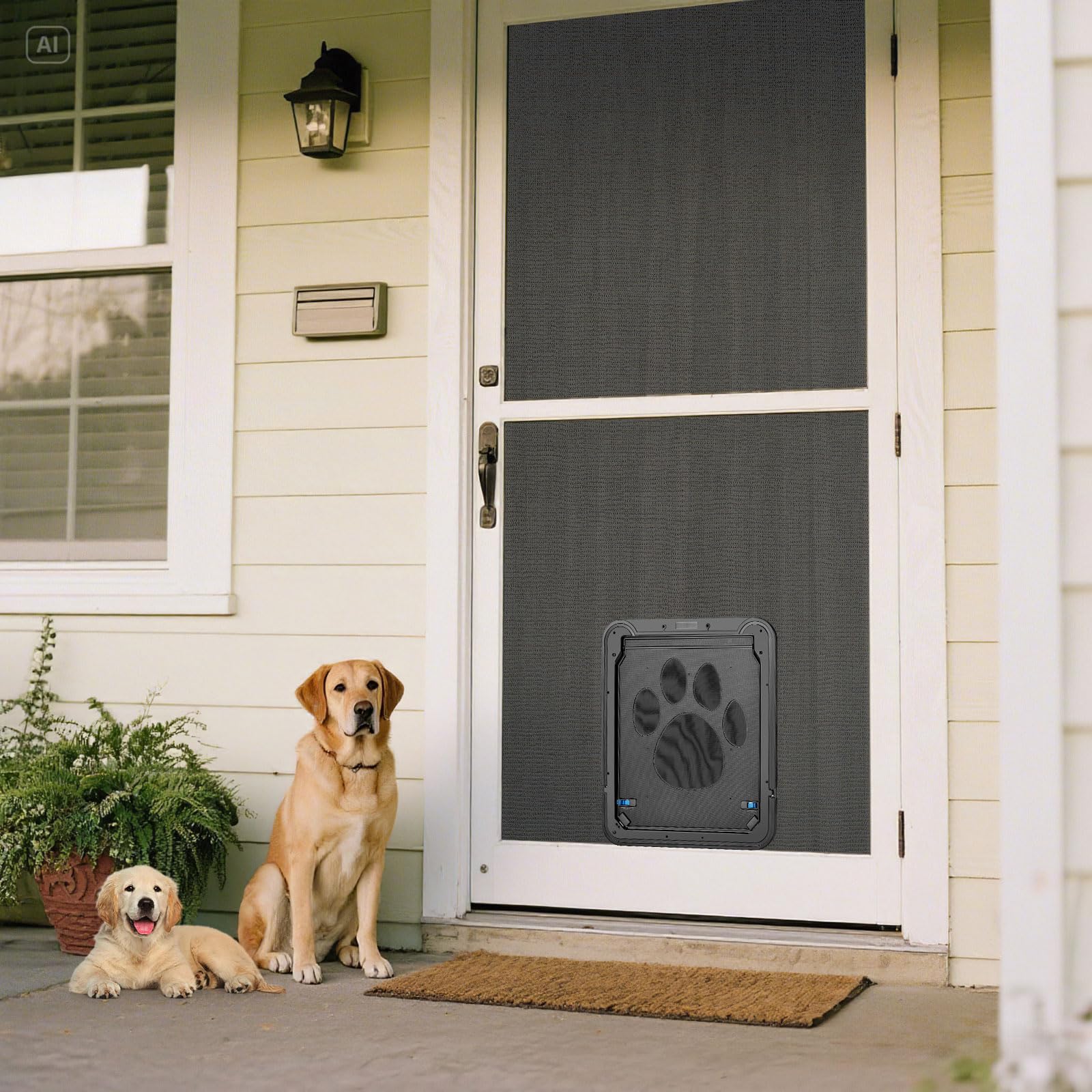 Ownpets dog screen door self-close action with magnetic seal.