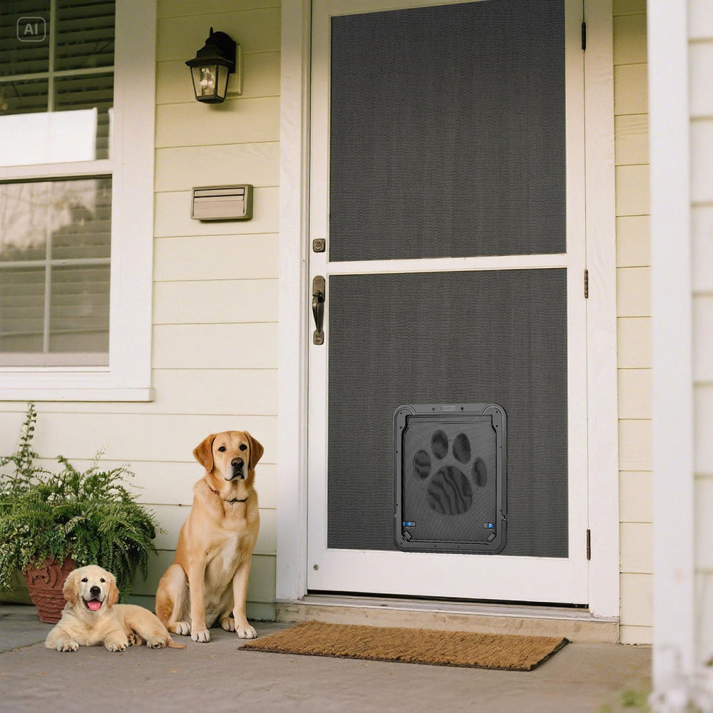 Ownpets dog screen door self-close action with magnetic seal.