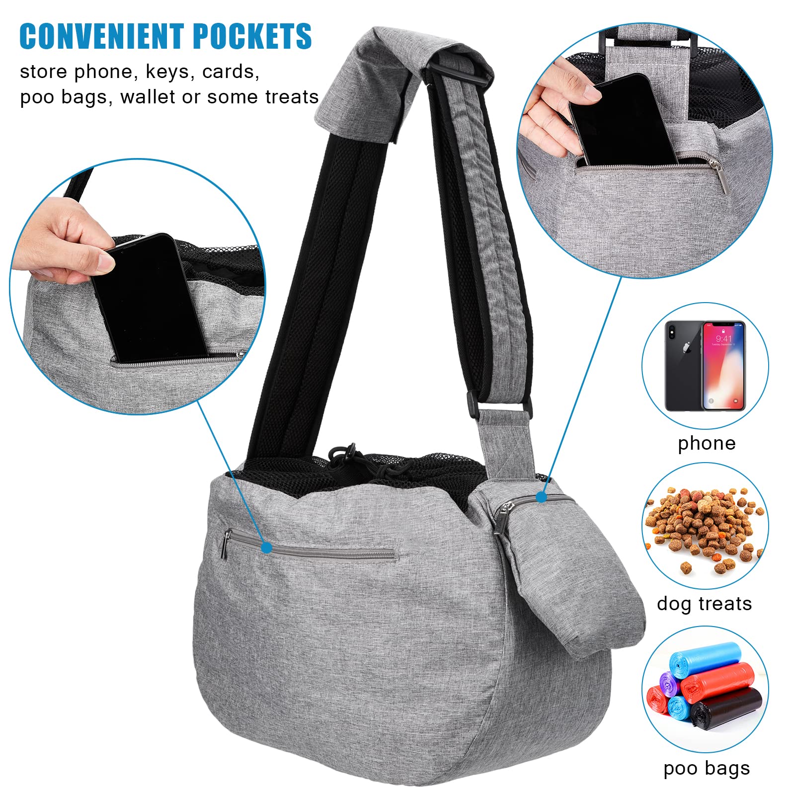 Ownpets Pet Sling Carrier pocket detail showcasing storage for essentials during walks.