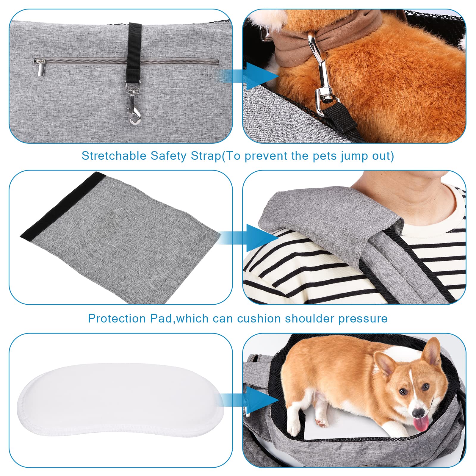 Ownpets Pet Sling Carrier side view highlighting adjustable strap for a comfortable fit.