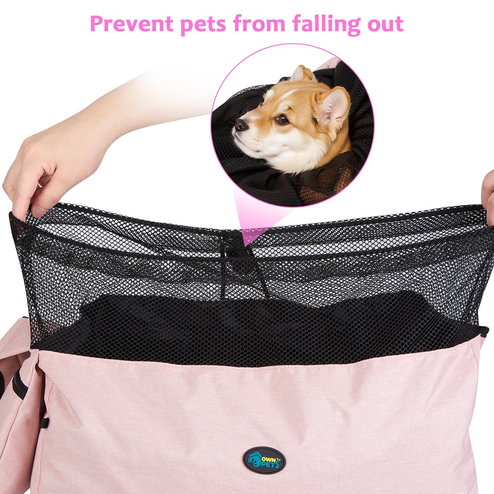 Ownpets sling carrier pink cat in sling shows safe, cozy transport in public spaces.