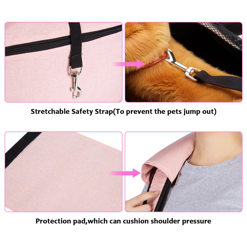 Ownpets sling carrier pink dog in sling demonstrates hands-free city errands.