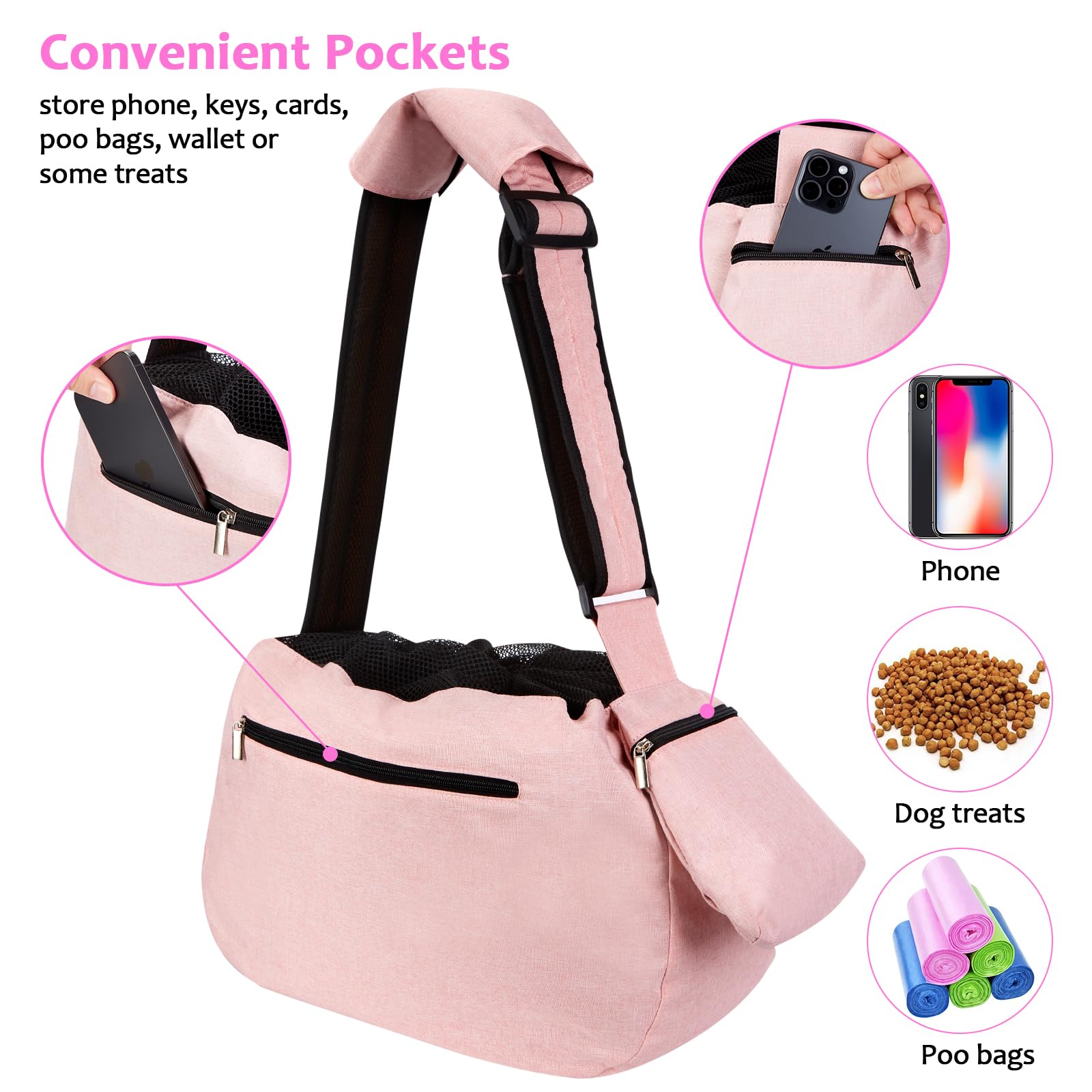 Ownpets sling carrier pink mesh ventilation keeps pets cool during use.