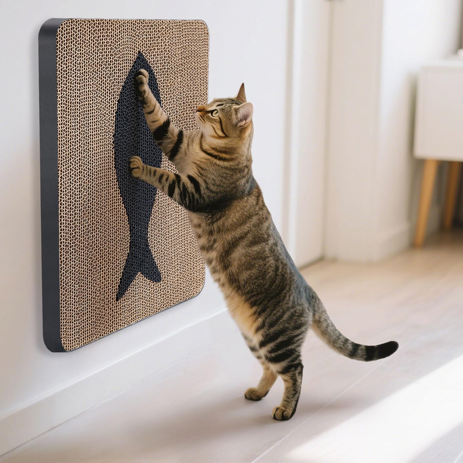 Ownpets wall cat scratcher fish print enhances decor while protecting furniture from claw marks.