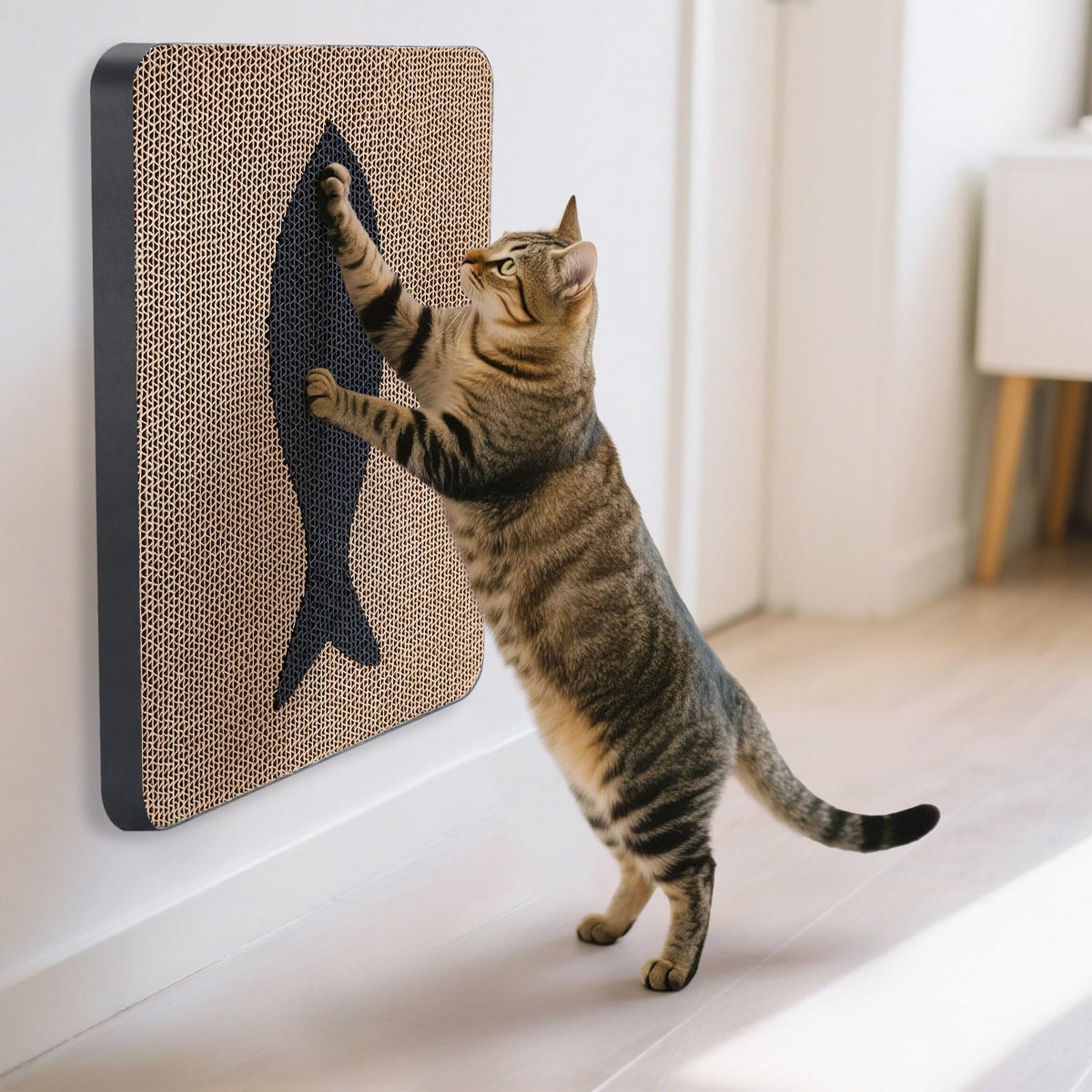 Ownpets wall cat scratcher fish print enhances decor while protecting furniture from claw marks.