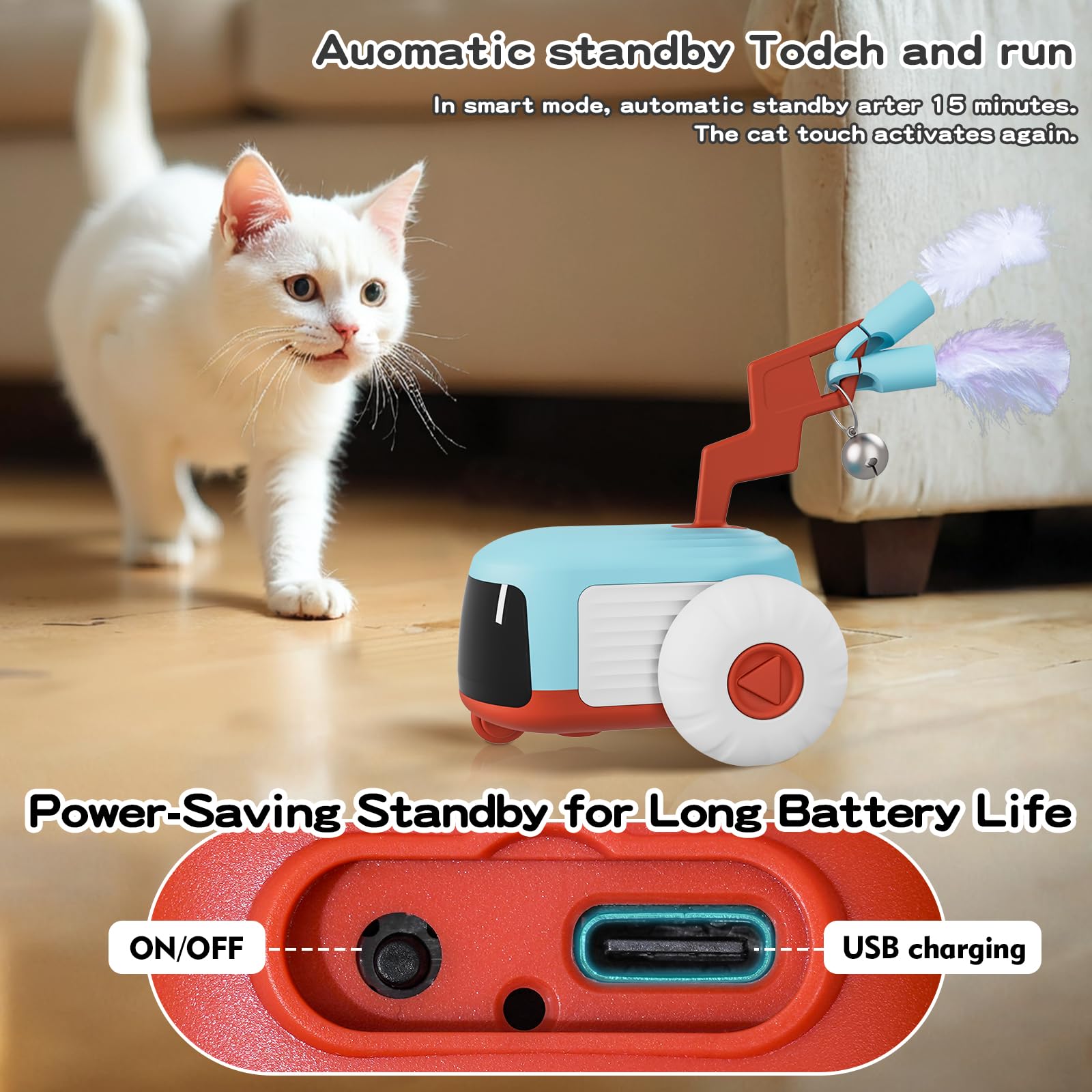 O WOWZON remote control cat toy on wood floor demonstrates obstacle avoidance in action.