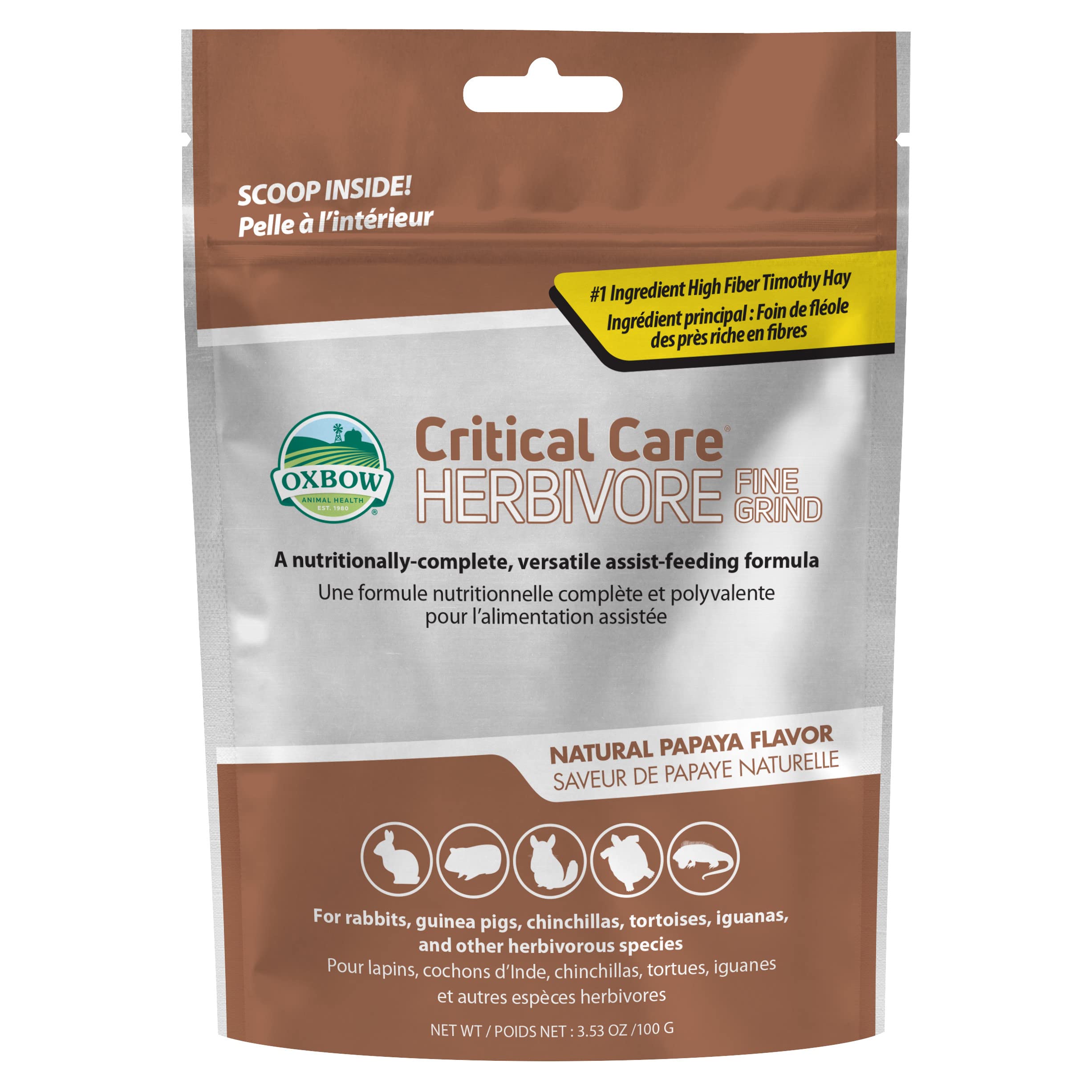 Oxbow Critical Care Herbivore fine grind emergency formula for syringe feeding recovery.
