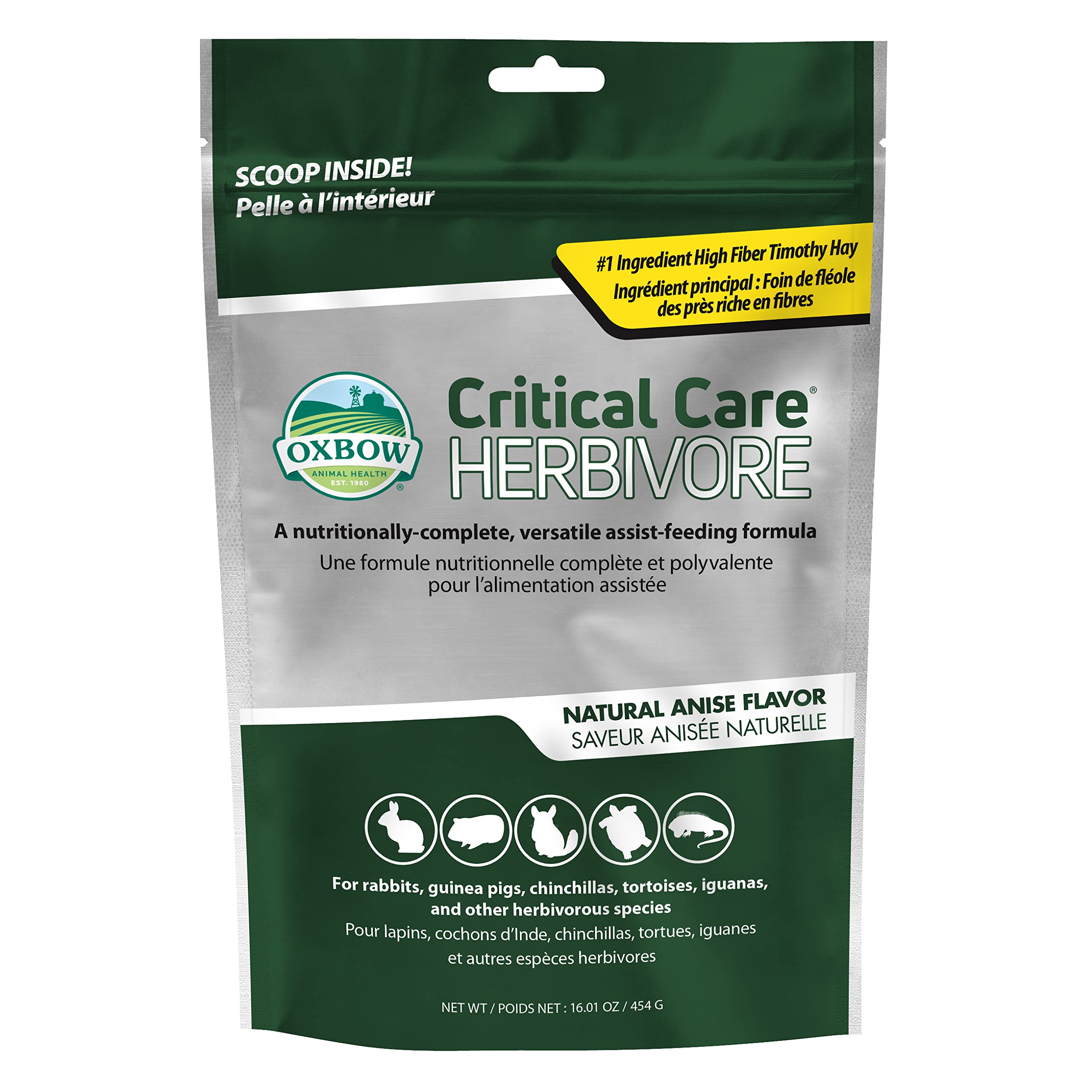 Oxbow Critical Care Herbivore powder mix showing easy-to-dissolve formula for recovery nutrition